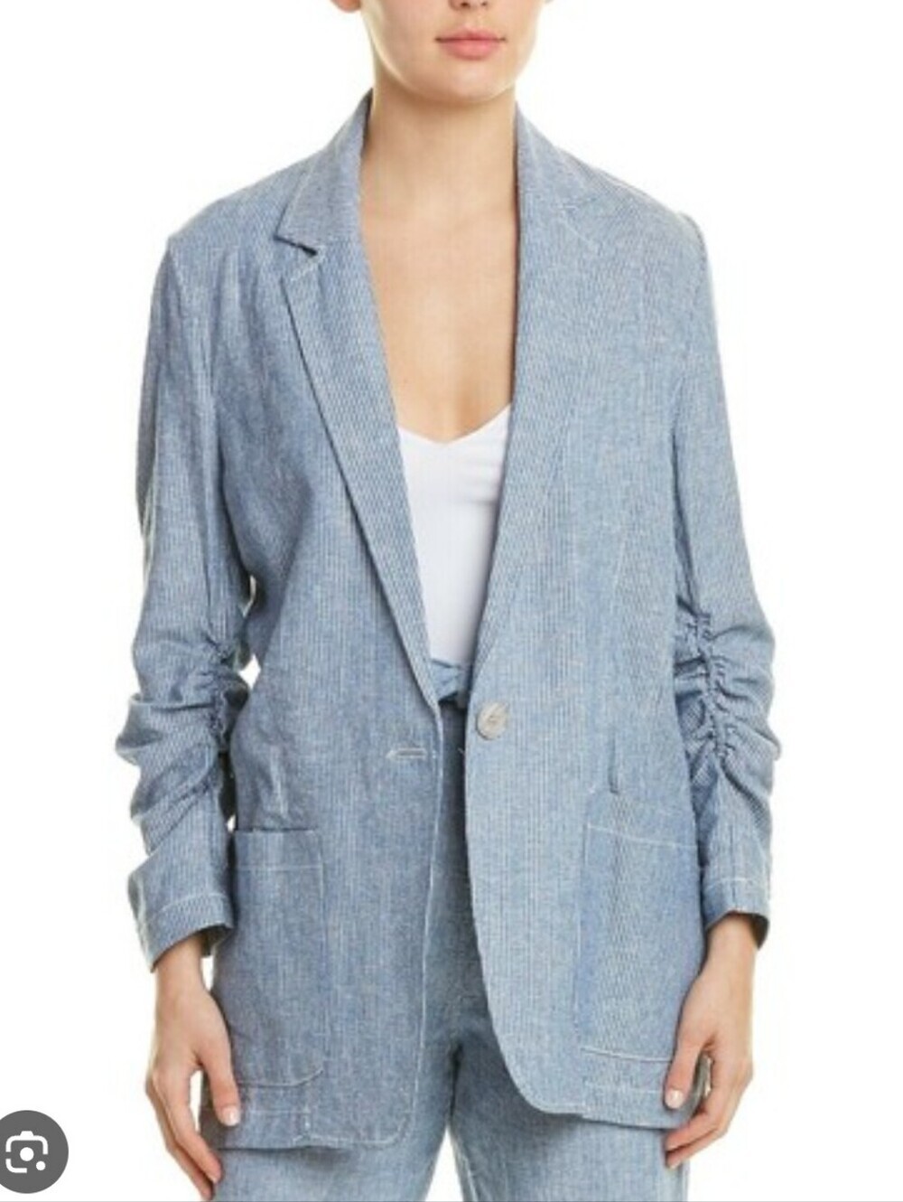 Loft Light Blue Pinstripe Linen-Blend Open Front Blazer